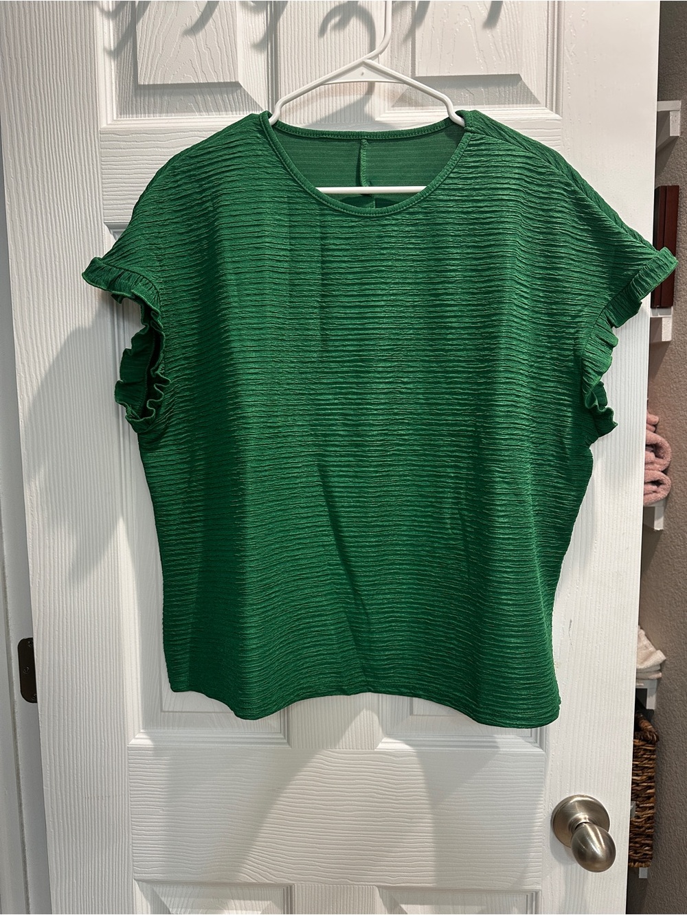 SHEIN Emerald Green Textured Ruffle Sleeve Top